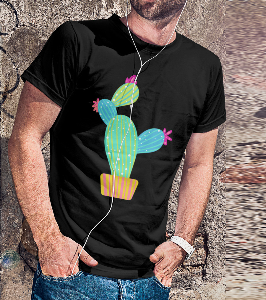 Colorful Striped Cactus In Pot With Pink Flowers T-Shirt