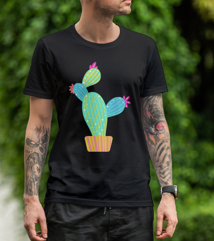Colorful Striped Cactus In Pot With Pink Flowers T-Shirt