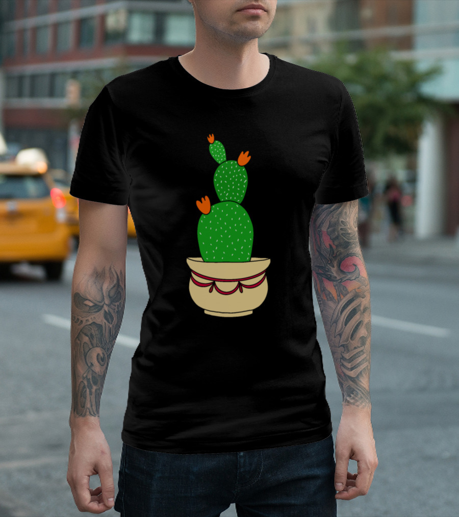 Cactus With Bright Orange Blooms In Decorative Pot T-Shirt