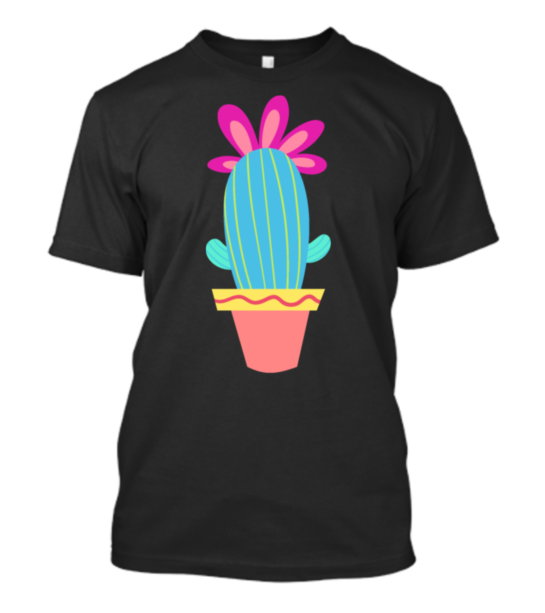 Cactus With Pink Flower In Colorful Pot With Curved Stripes T-Shirt