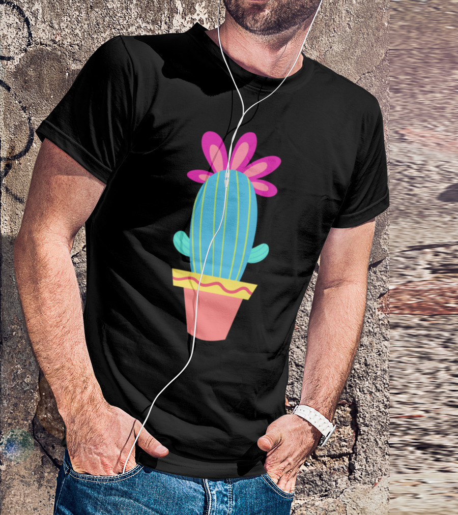 Cactus With Pink Flower In Colorful Pot With Curved Stripes T-Shirt
