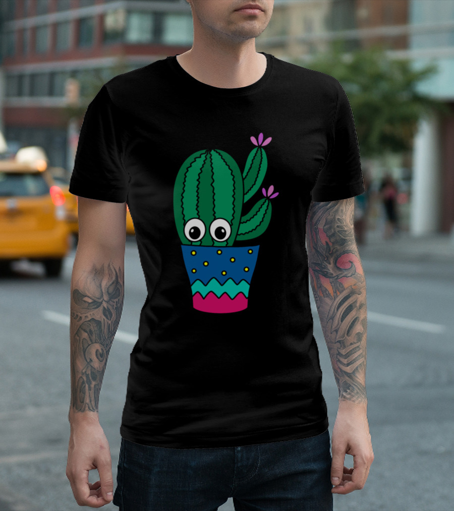 Cactus With Big Eyes and Cute Flowers in Colorful Pot T-Shirt