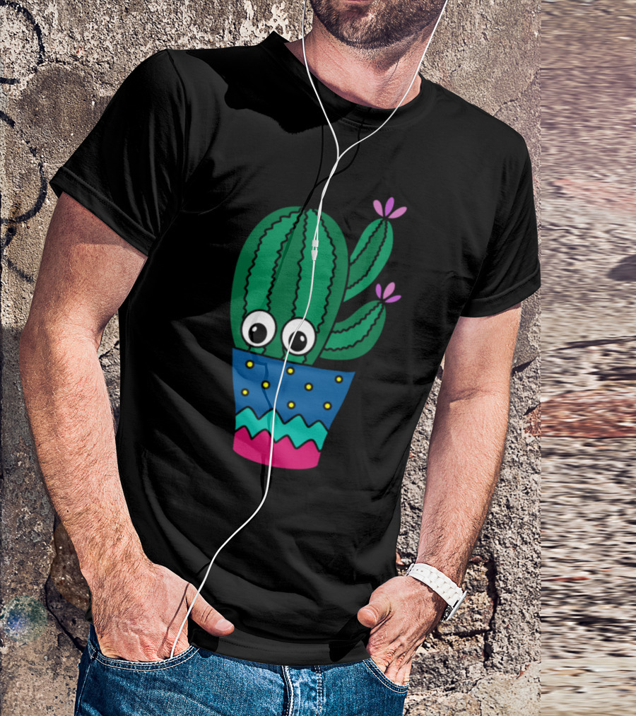 Cactus With Big Eyes And Cute Flowers In Colorful Pot T-Shirt