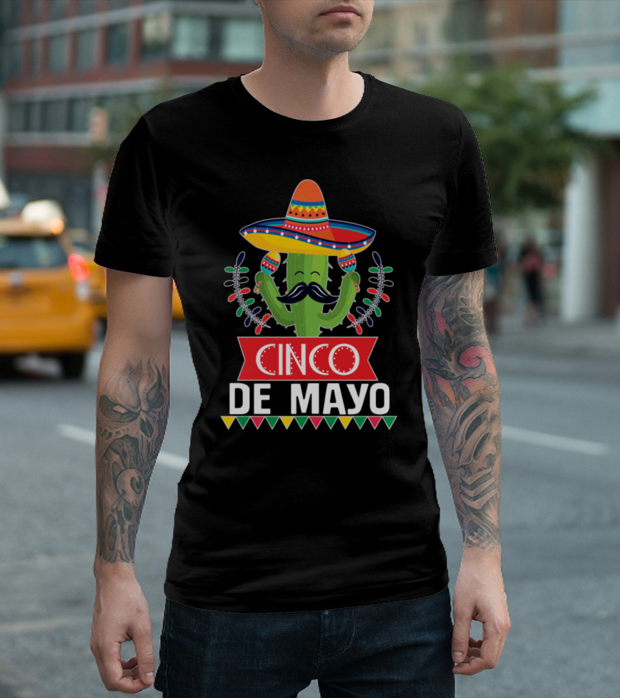 Cinco De Mayo Sombrero Cactus with Mustache and Festive Lights T-Shirt