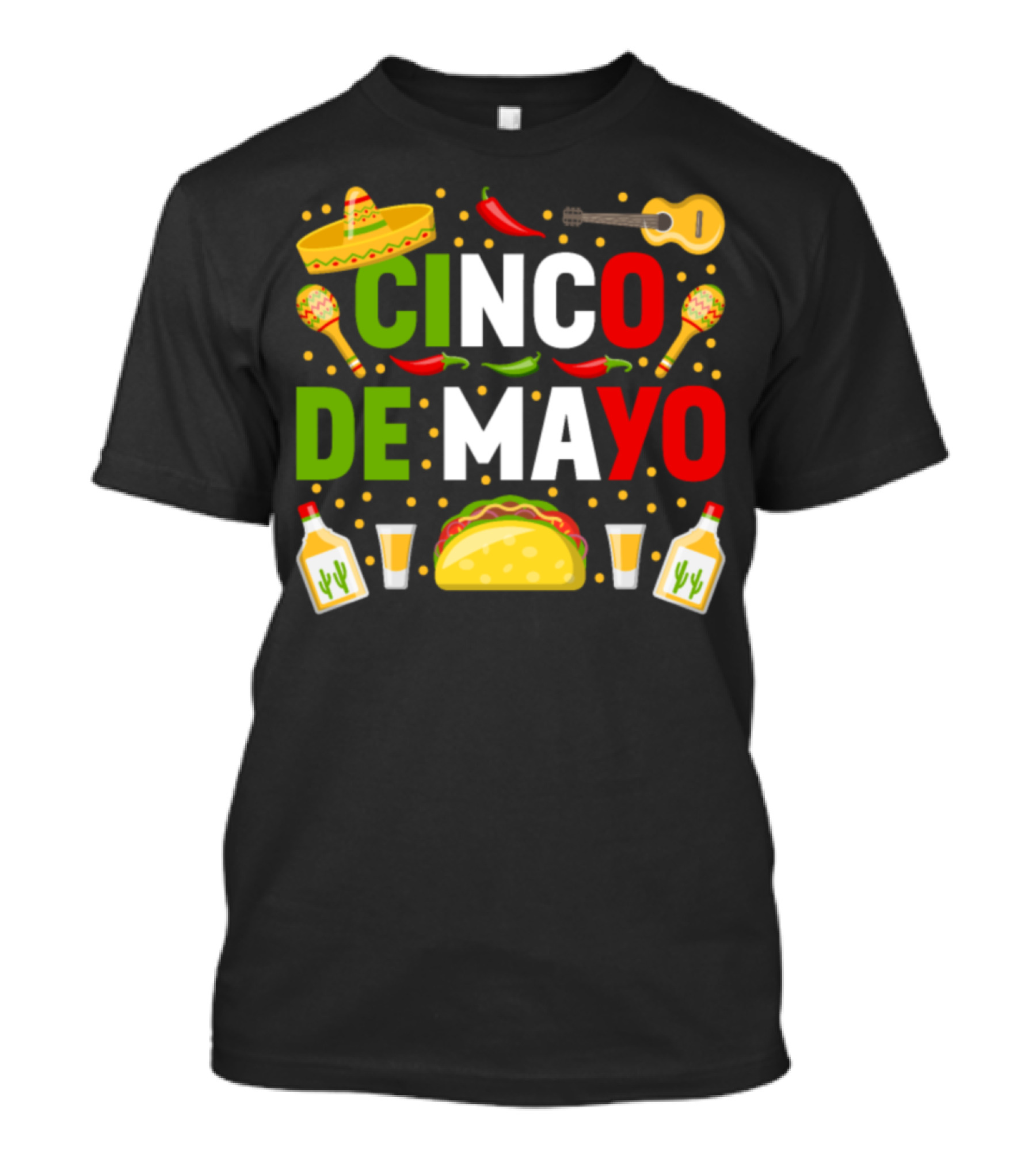 Cinco De Mayo Party Sombrero Taco Guitar Maracas Tequila Peppers T-Shirt