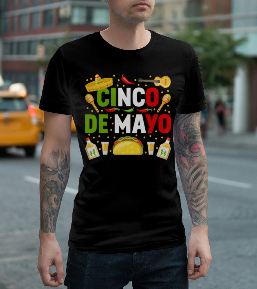 Cinco De Mayo Party Sombrero Taco Guitar Maracas Tequila Peppers T-Shirt