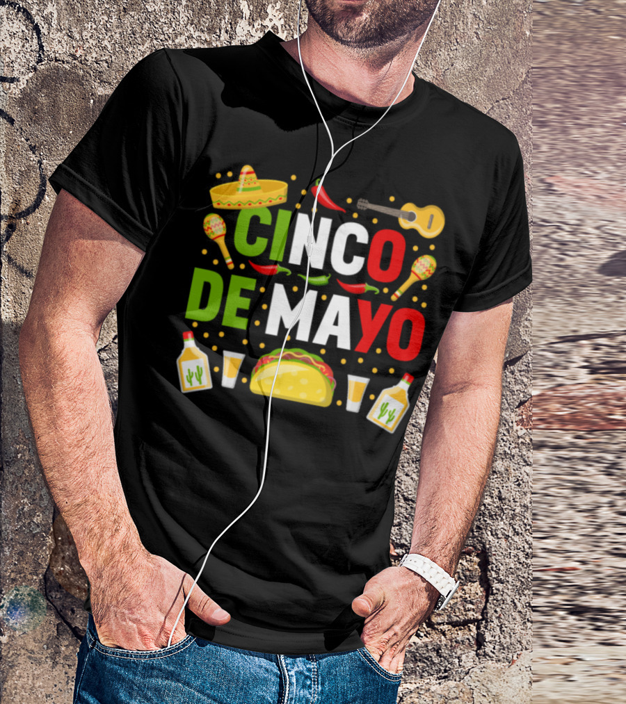 Cinco De Mayo Party Sombrero Taco Guitar Maracas Tequila Peppers T-Shirt