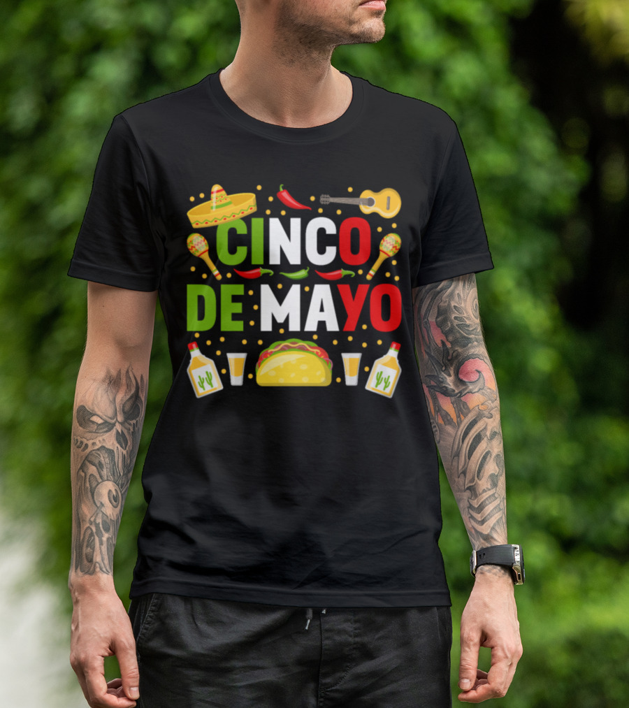 Cinco De Mayo Party Sombrero Taco Guitar Maracas Tequila Peppers T-Shirt
