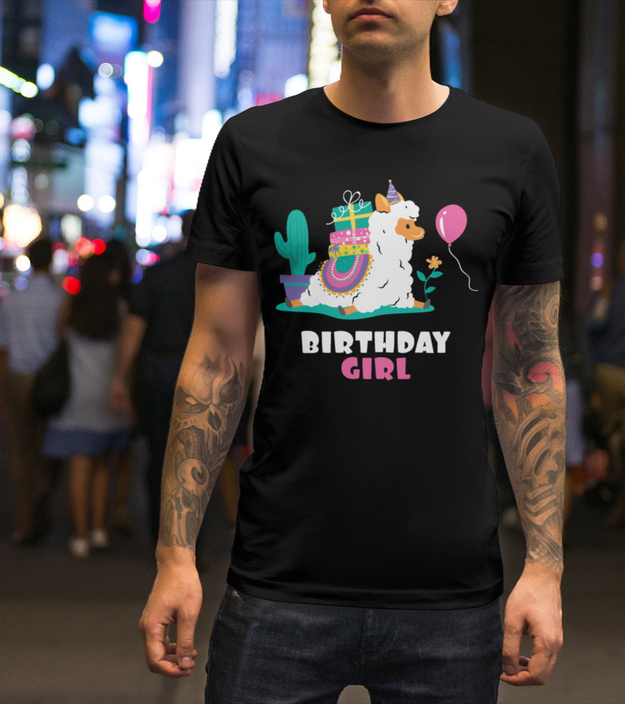 Birthday Girl Cool Cute Alpaca Llama Cactus Balloon T-Shirt