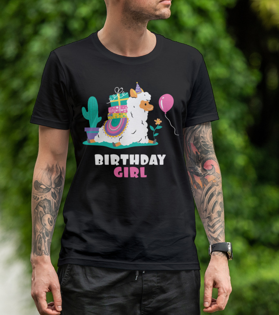 Birthday Girl Cool Cute Alpaca Llama Cactus Balloon T-Shirt