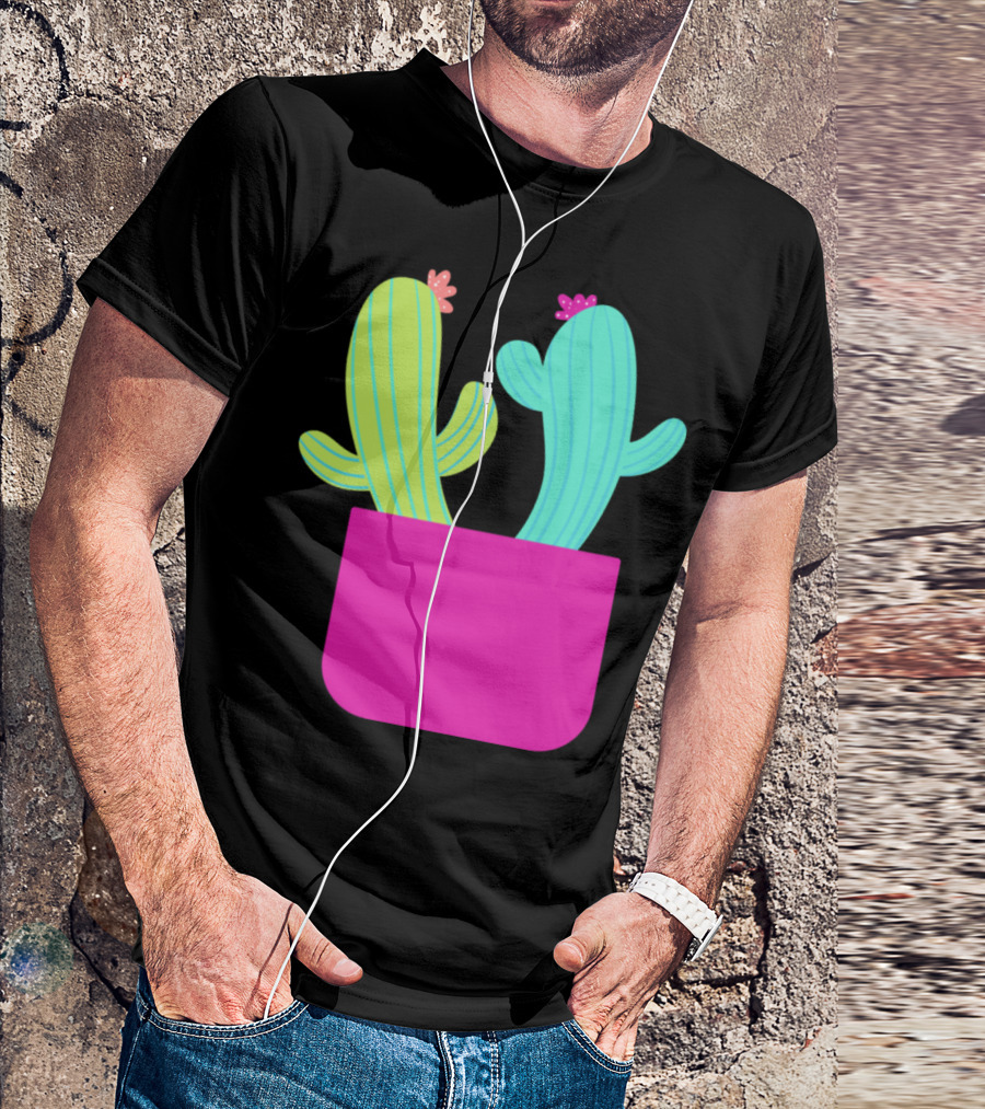 Couple Cactuses In Bright Pink Pot With Flowers T-Shirt