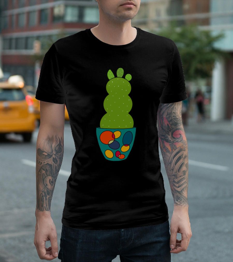 Curvy Cactus in Colorful Retro Pot with Geometric T-Shirt