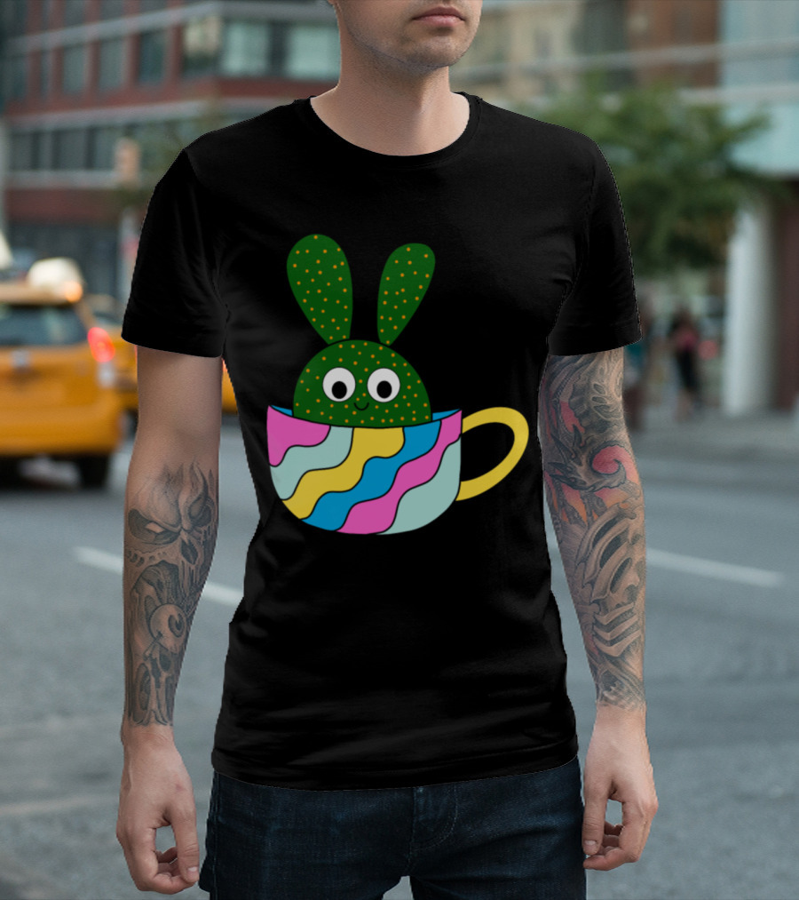 Cute Beaver Tail Cactus In A Colorful Teacup With Bunny Ears T-Shirt