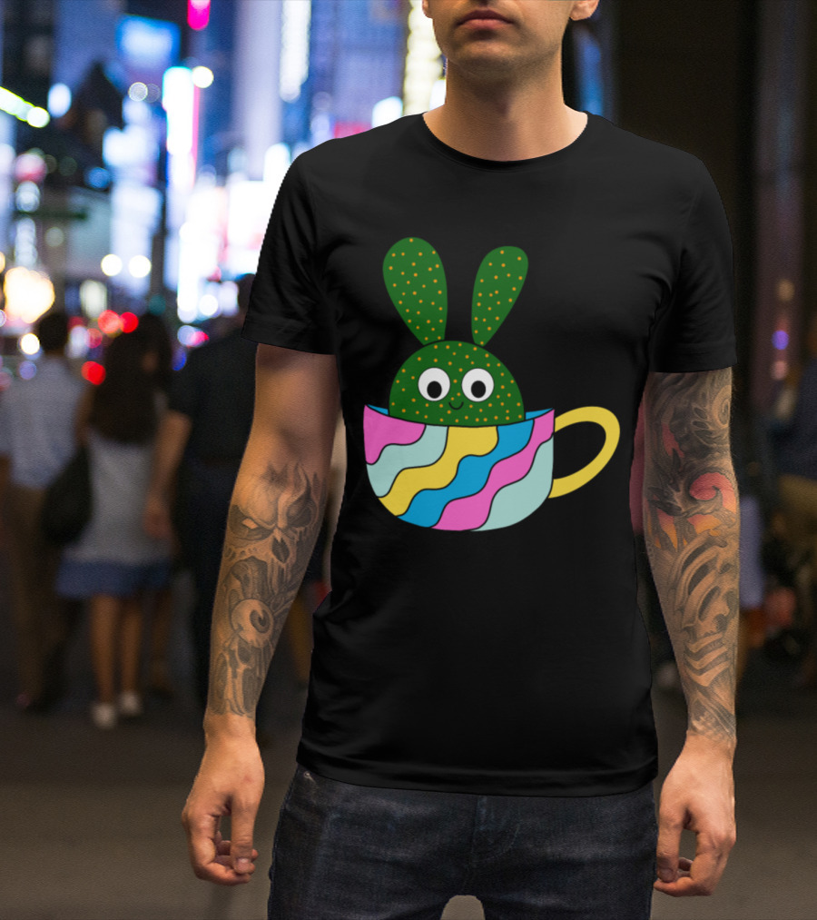 Cute Beaver Tail Cactus In A Colorful Teacup With Bunny Ears T-Shirt