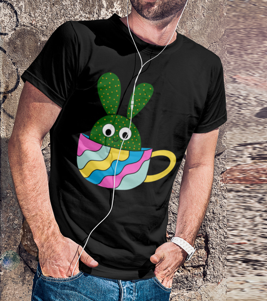 Cute Beaver Tail Cactus In A Colorful Teacup With Bunny Ears T-Shirt