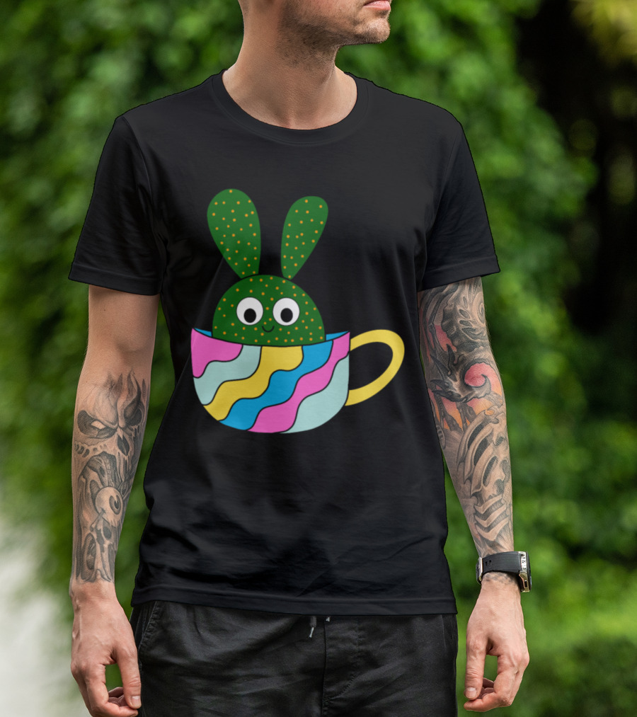Cute Beaver Tail Cactus In A Colorful Teacup With Bunny Ears T-Shirt