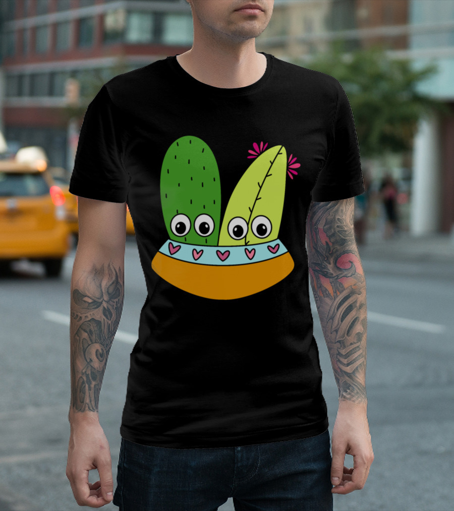 Cute Bowl Holding Cute Cacti Arrangement with Hearts and Flowers T-Shirt
