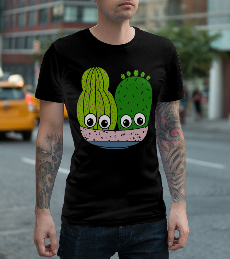 Cute Cacti Characters In Playful Pottery Bowl T-Shirt