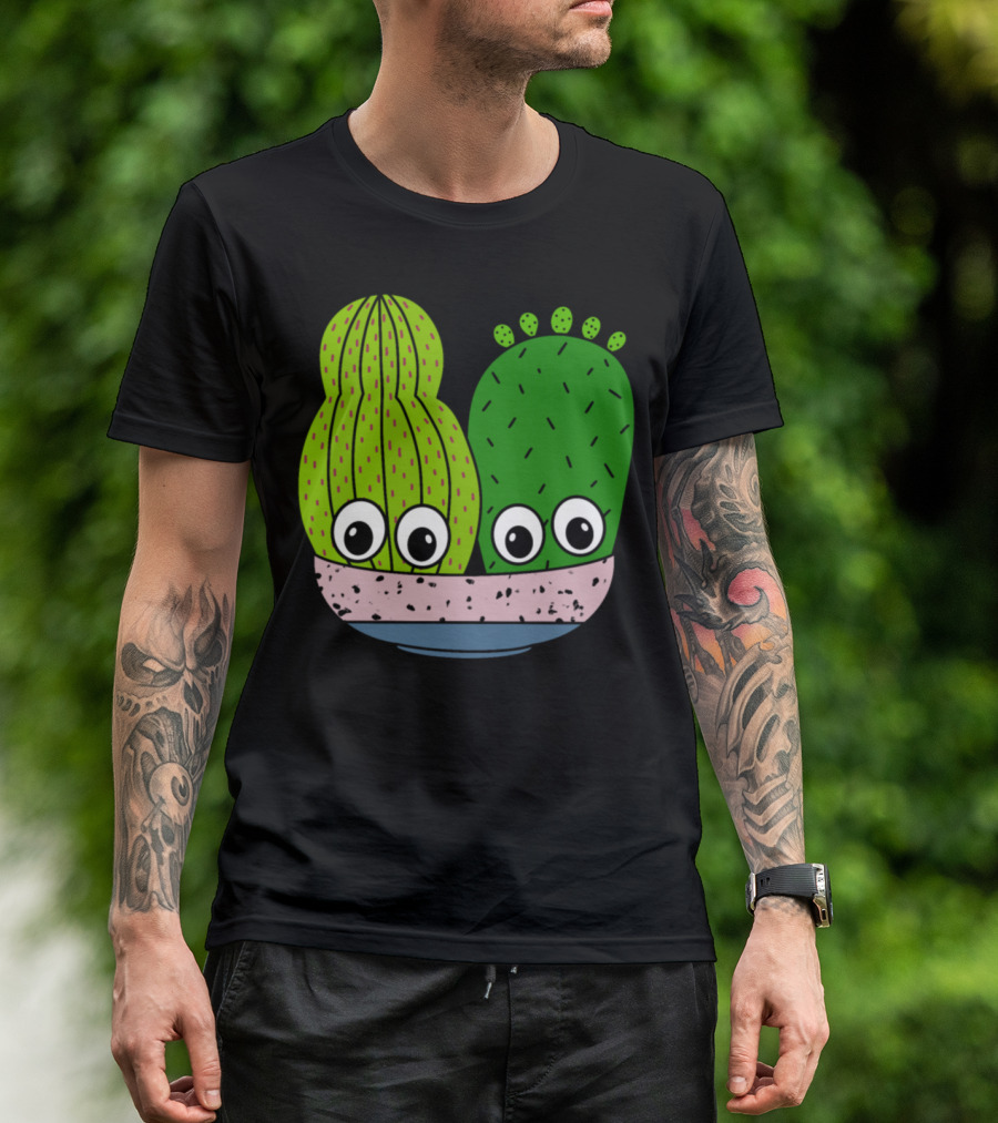 Cute Cacti Characters In Playful Pottery Bowl T-Shirt