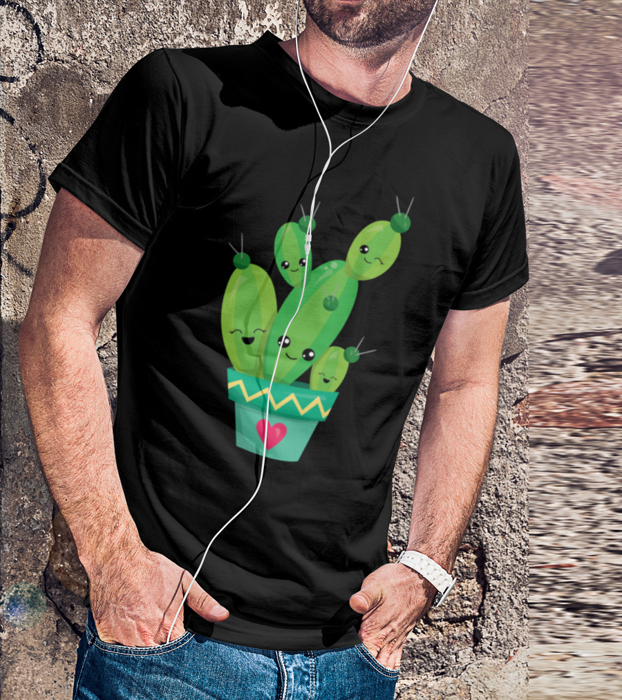 Cute Cactus Emoticon Happy Succulent Plant Pot With Heart T-Shirt