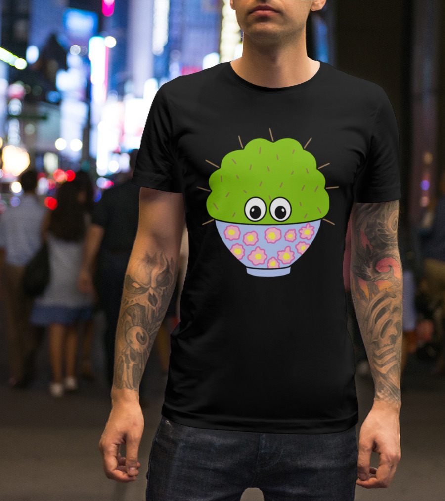 Cute Cactus With Eyes In Floral Patterned Pot T-Shirt