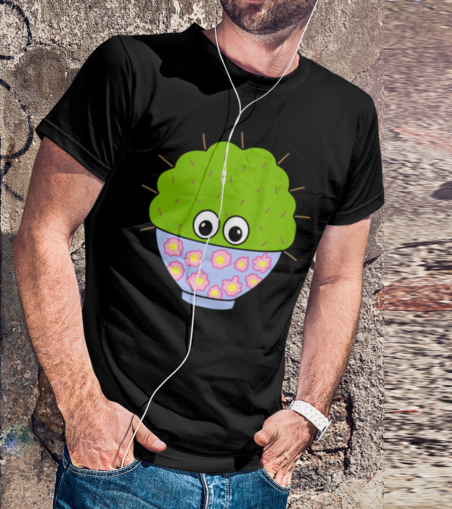 Cute Cactus With Eyes In Floral Patterned Pot T-Shirt