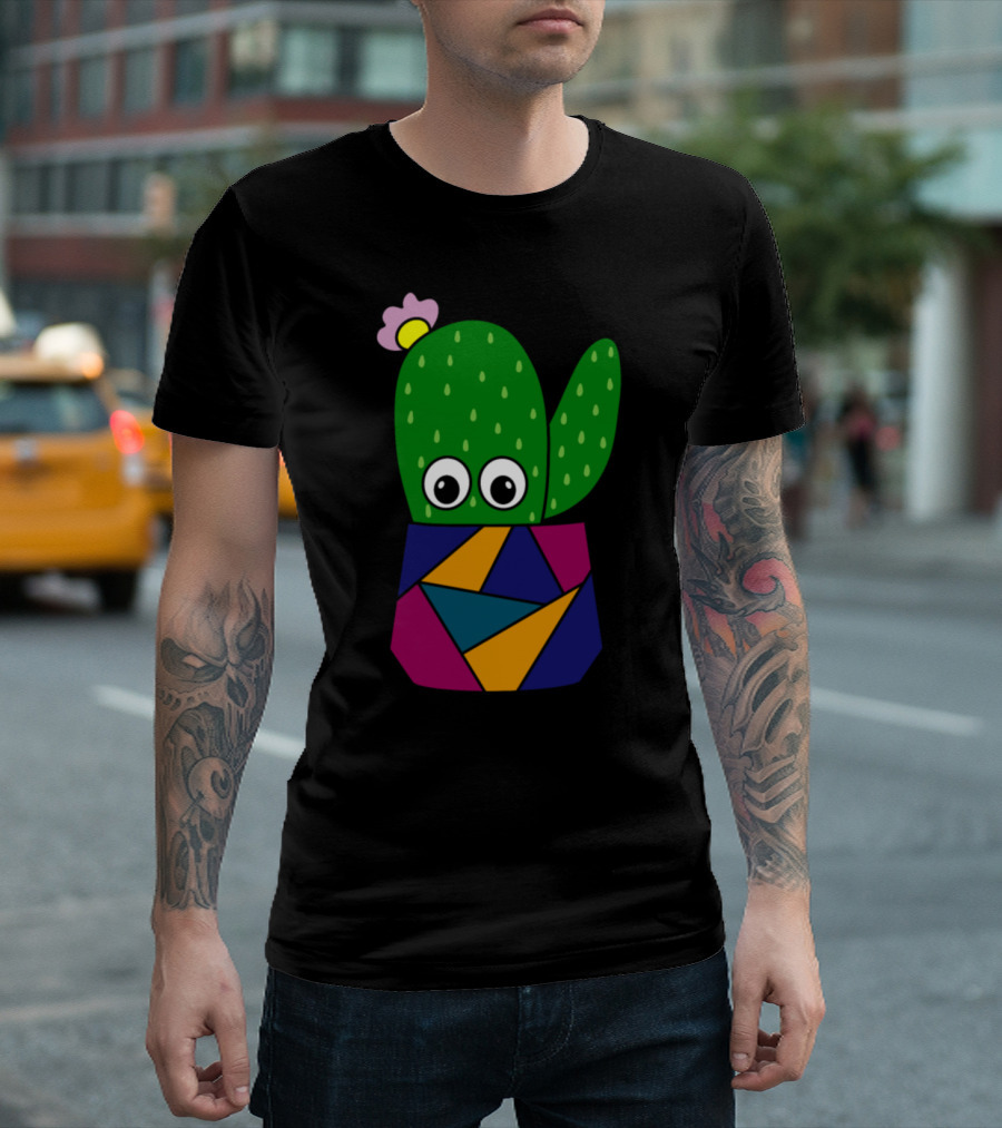 Cute Cactus With Flower In Colorful Geometric Pot T-Shirt