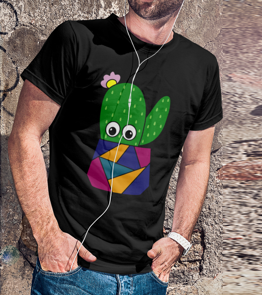 Cute Cactus With Flower In Colorful Geometric Pot T-Shirt