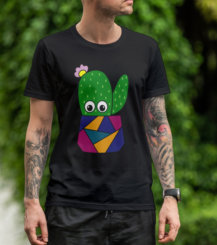 Cute Cactus With Flower In Colorful Geometric Pot T-Shirt