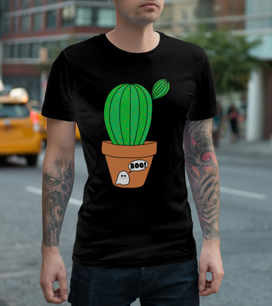 Cute Green Cactus Saying Boo with Halloween Ghost in Terracotta Pot T-Shirt