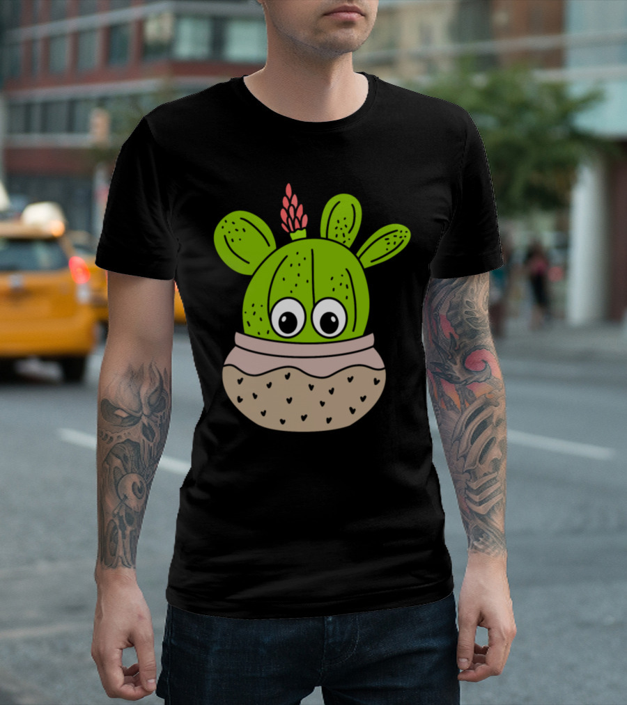 Cute Green Cactus with Pink Flower in Speckled Jar Planter T-Shirt