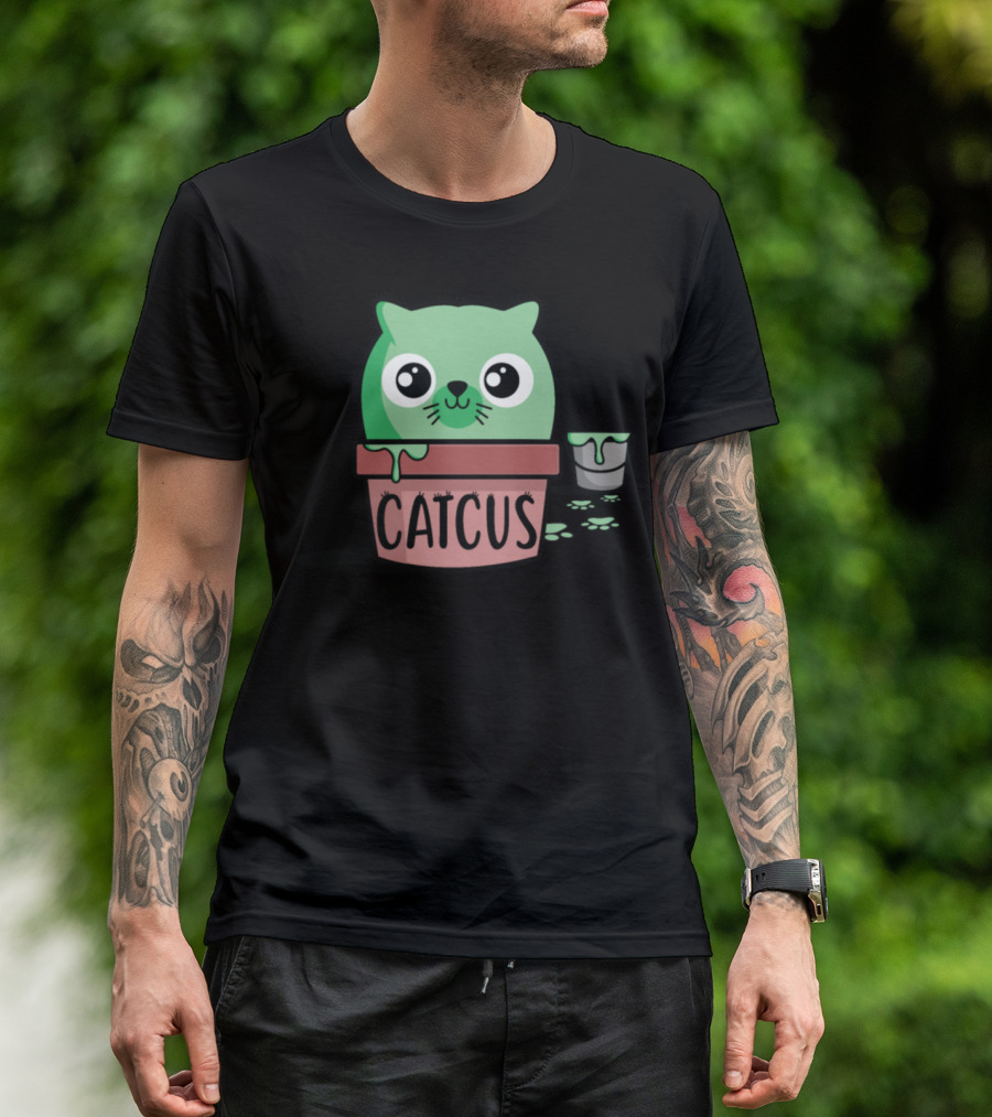 Catcus Cute Green Cat In Pot With Paint Bucket T-Shirt