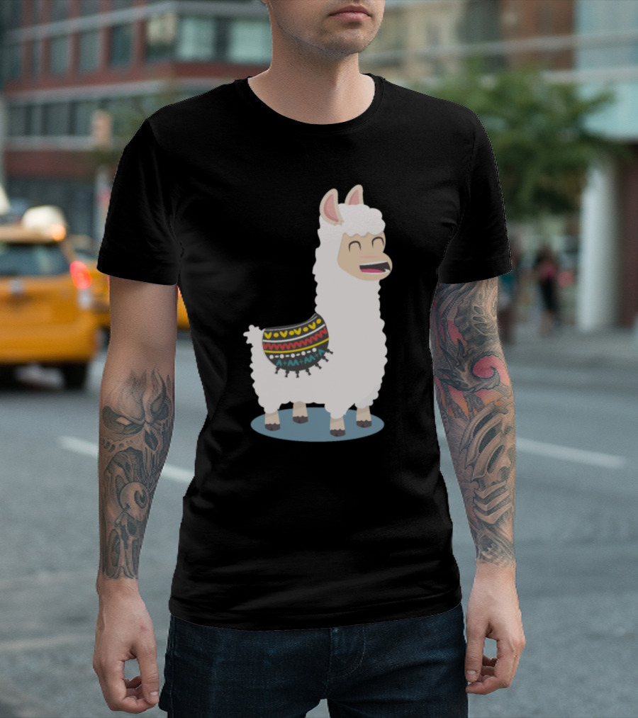Cute Funny Alpaca with Colorful Blanket Eats Grass T-Shirt
