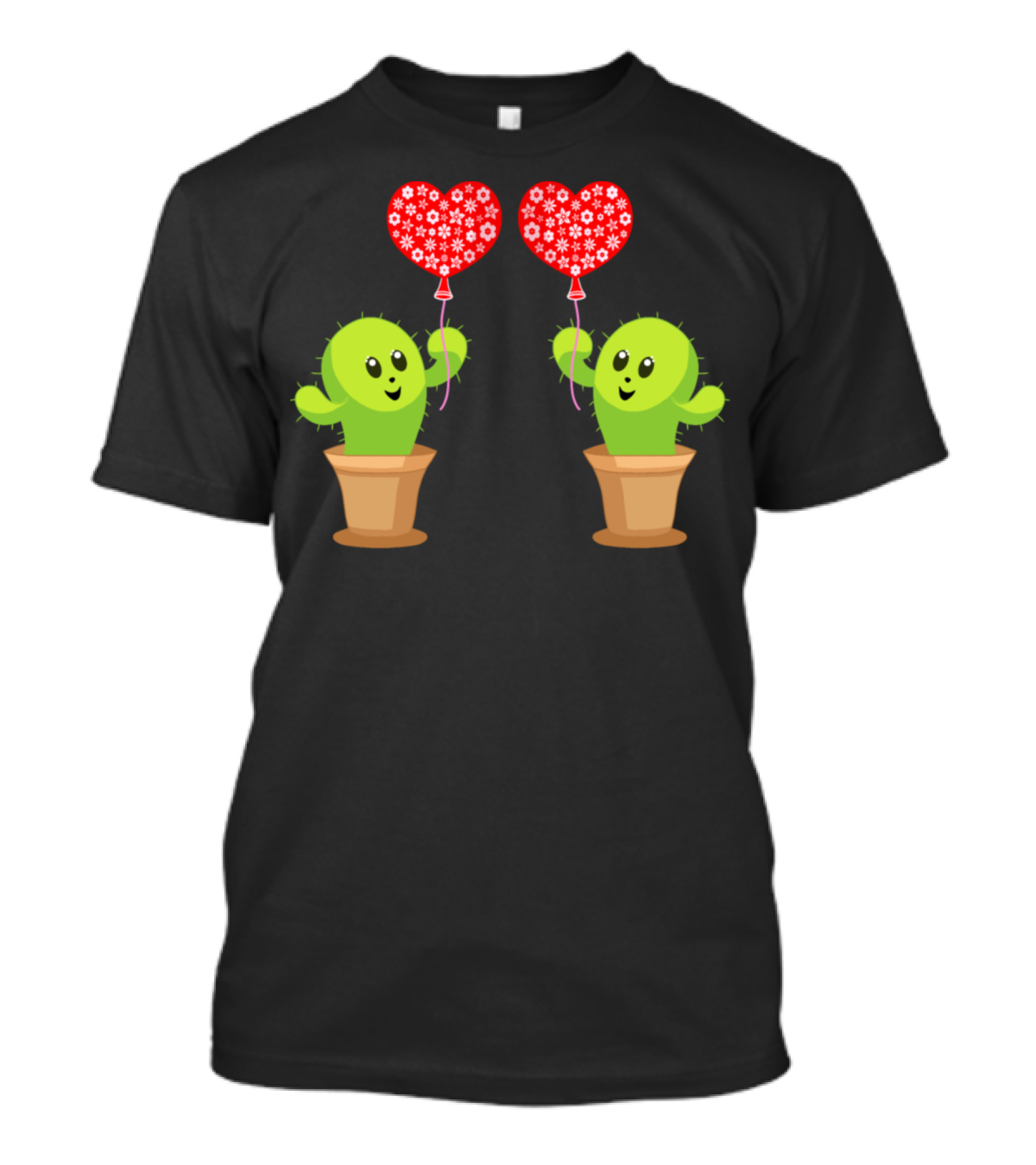 Cute Happy Kawaii Cactus Holding Red Heart Balloons T-Shirt