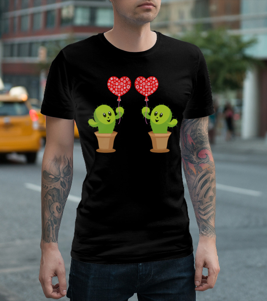 Cute Happy Kawaii Cactus Holding Red Heart Balloons T-Shirt