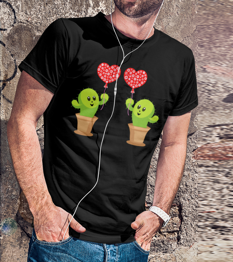 Cute Happy Kawaii Cactus Holding Red Heart Balloons T-Shirt