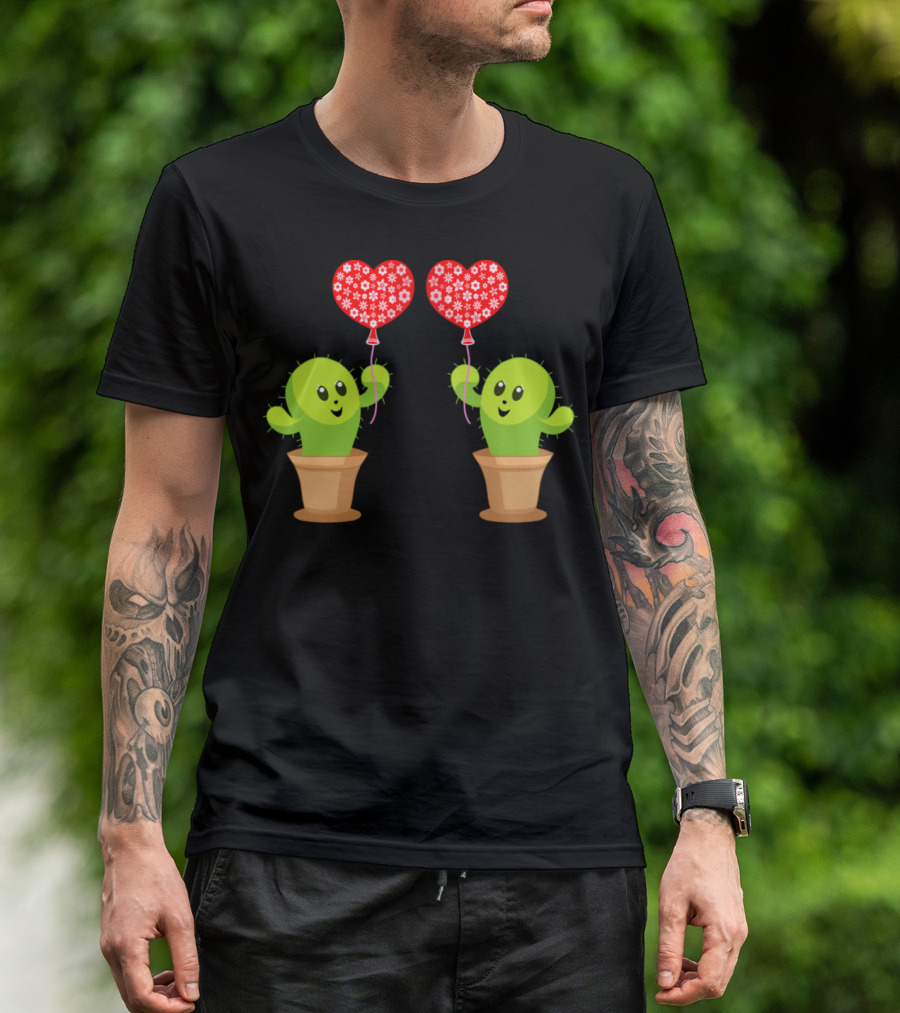 Cute Happy Kawaii Cactus Holding Red Heart Balloons T-Shirt