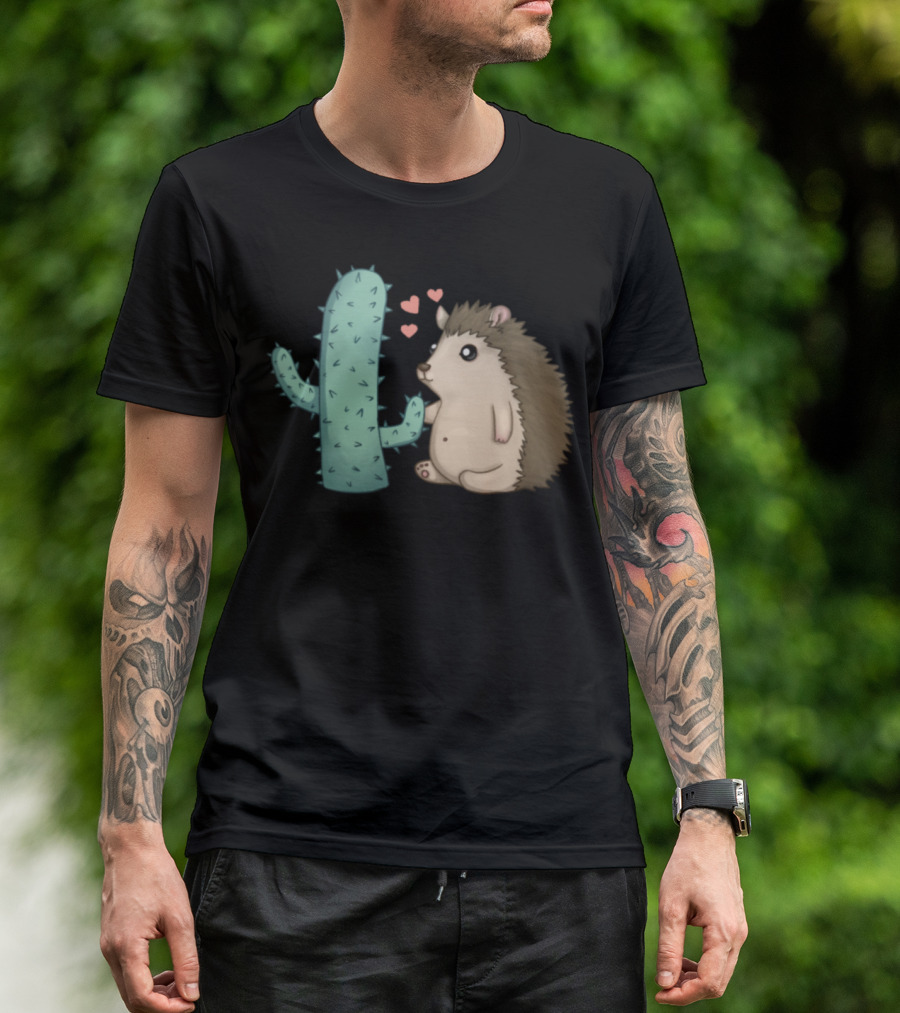 Cute Hedgehog Lover Heart Cactus Scene T-Shirt