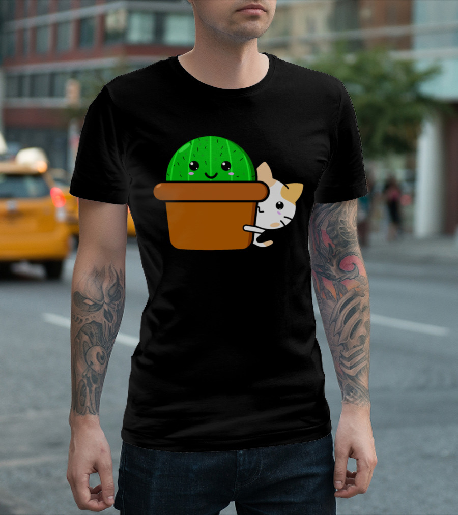 Kawaii Cat Peeking Behind Smiling Cactus in Pot T-Shirt