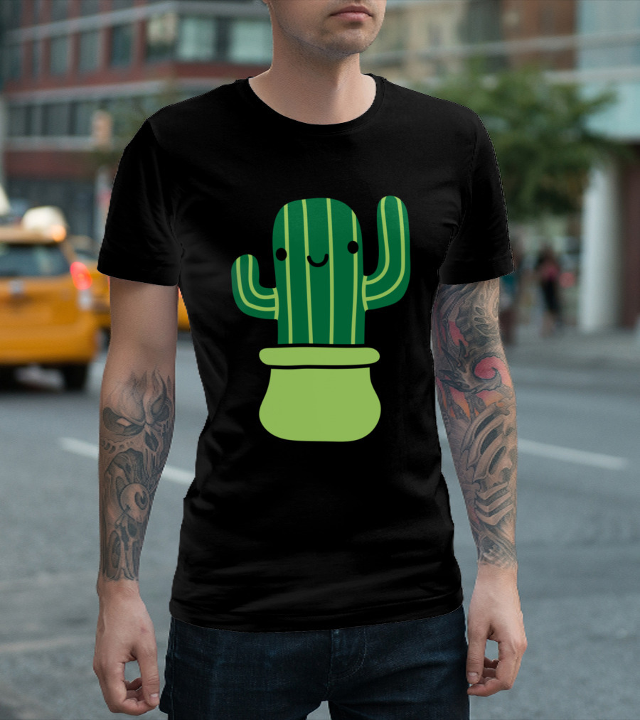Cute Sweet Little Cactus With Striped Green Pattern and Smiling Face in Pot T-Shirt