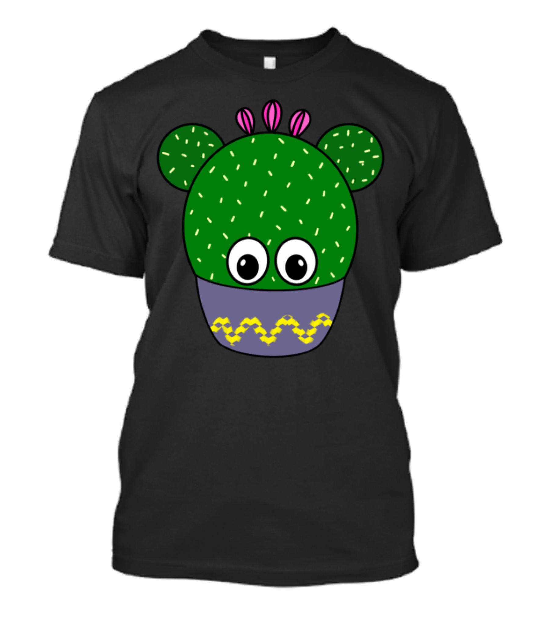 Cute Round Cactus With Big Eyes And Pink Flower Details In A Patterned Bowl T-Shirt