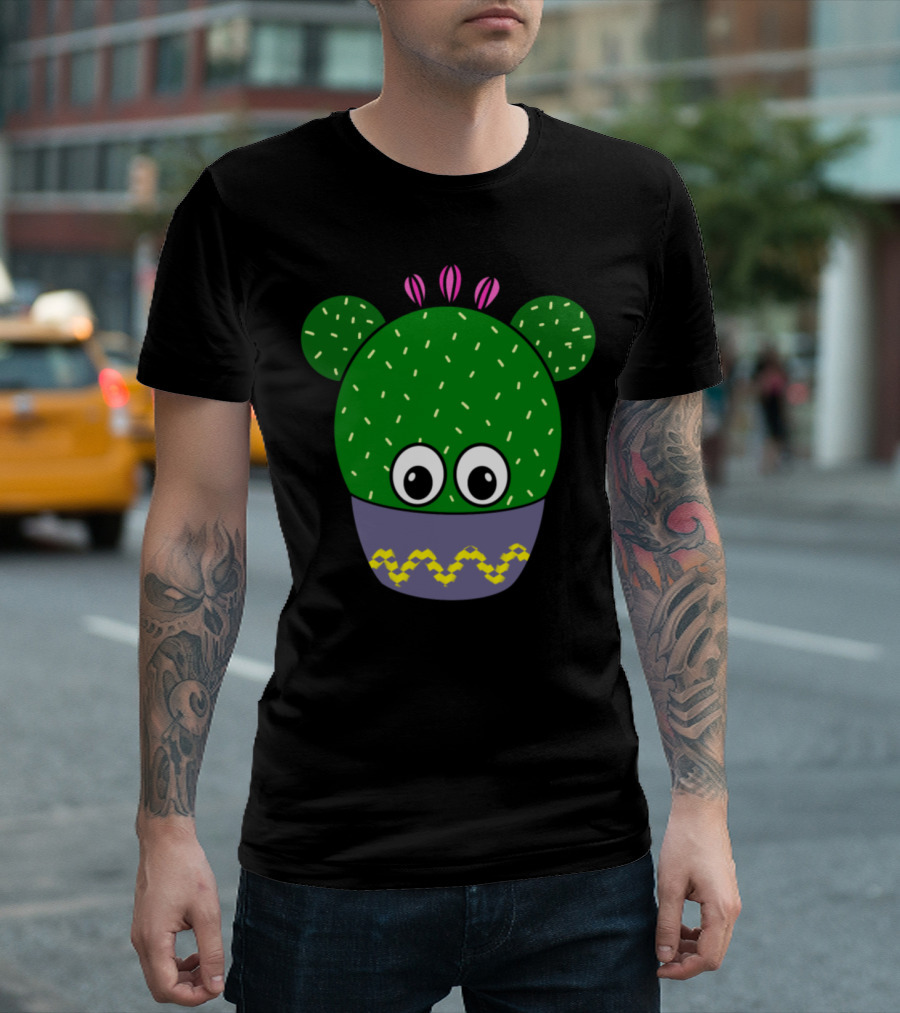 Cute Round Cactus With Big Eyes And Pink Flower Details In A Patterned Bowl T-Shirt