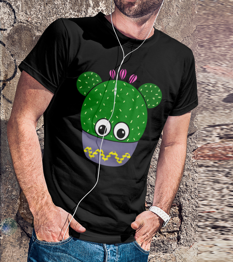 Cute Round Cactus With Big Eyes And Pink Flower Details In A Patterned Bowl T-Shirt