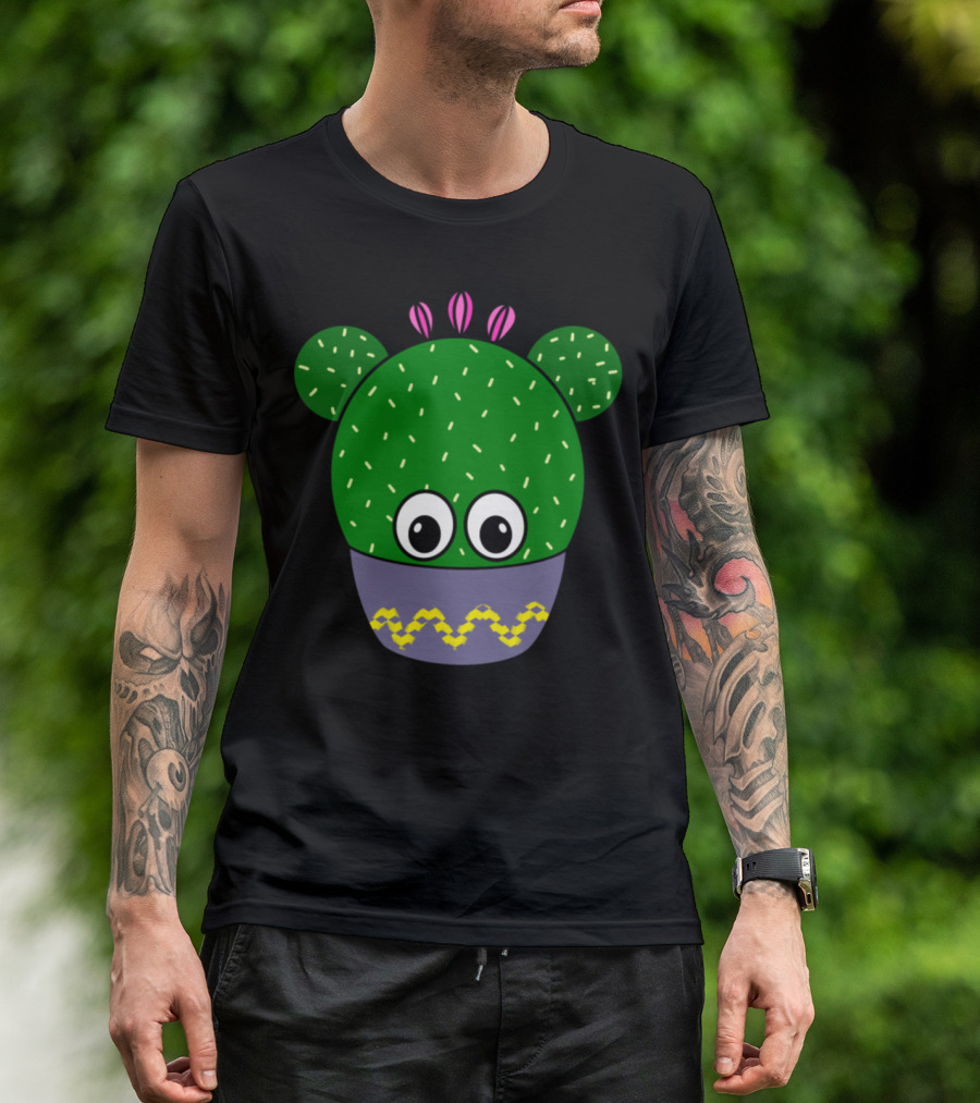 Cute Round Cactus With Big Eyes And Pink Flower Details In A Patterned Bowl T-Shirt