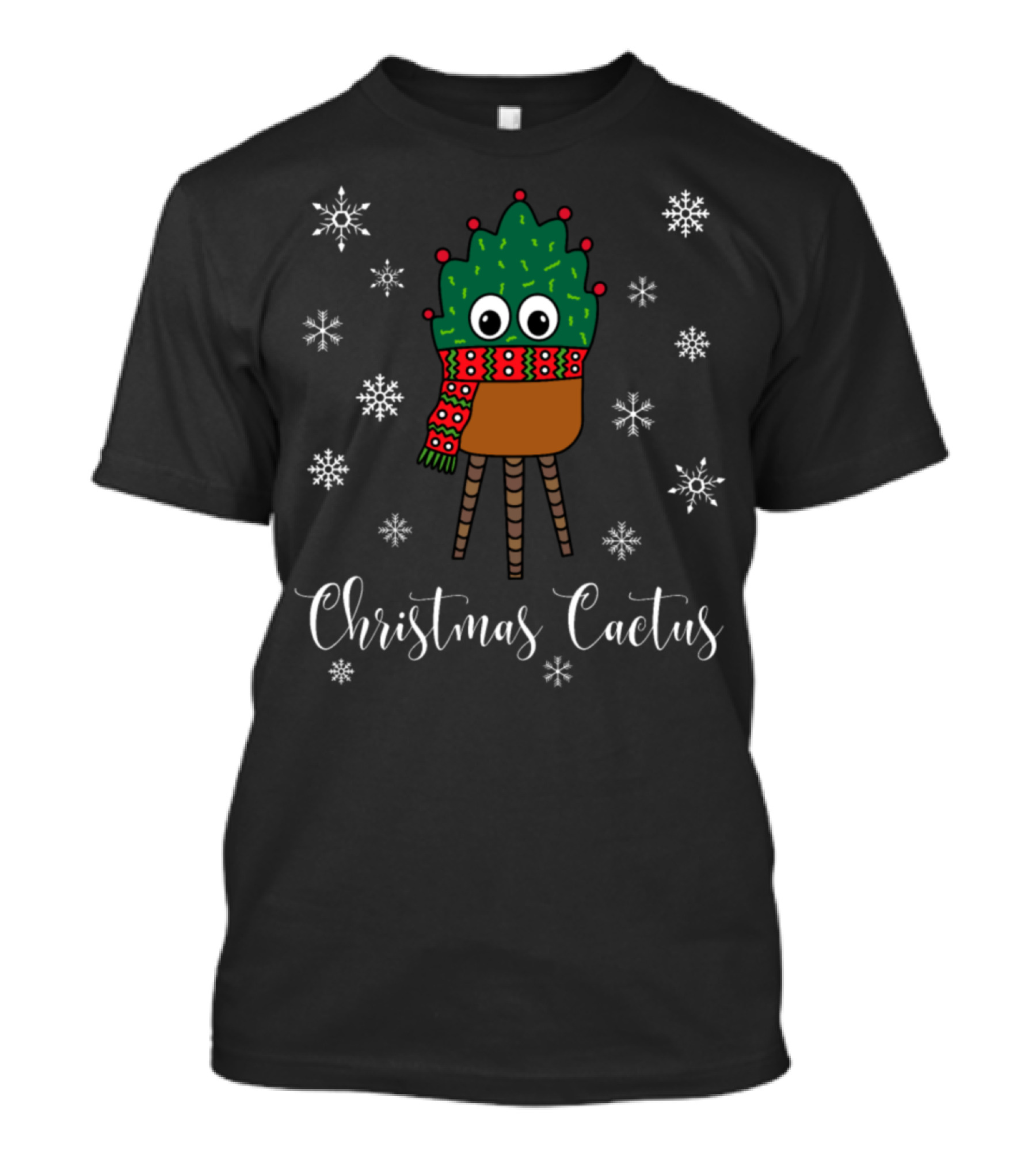 Christmas Cactus With Festive Scarf Surrounded By Snowflakes T-Shirt