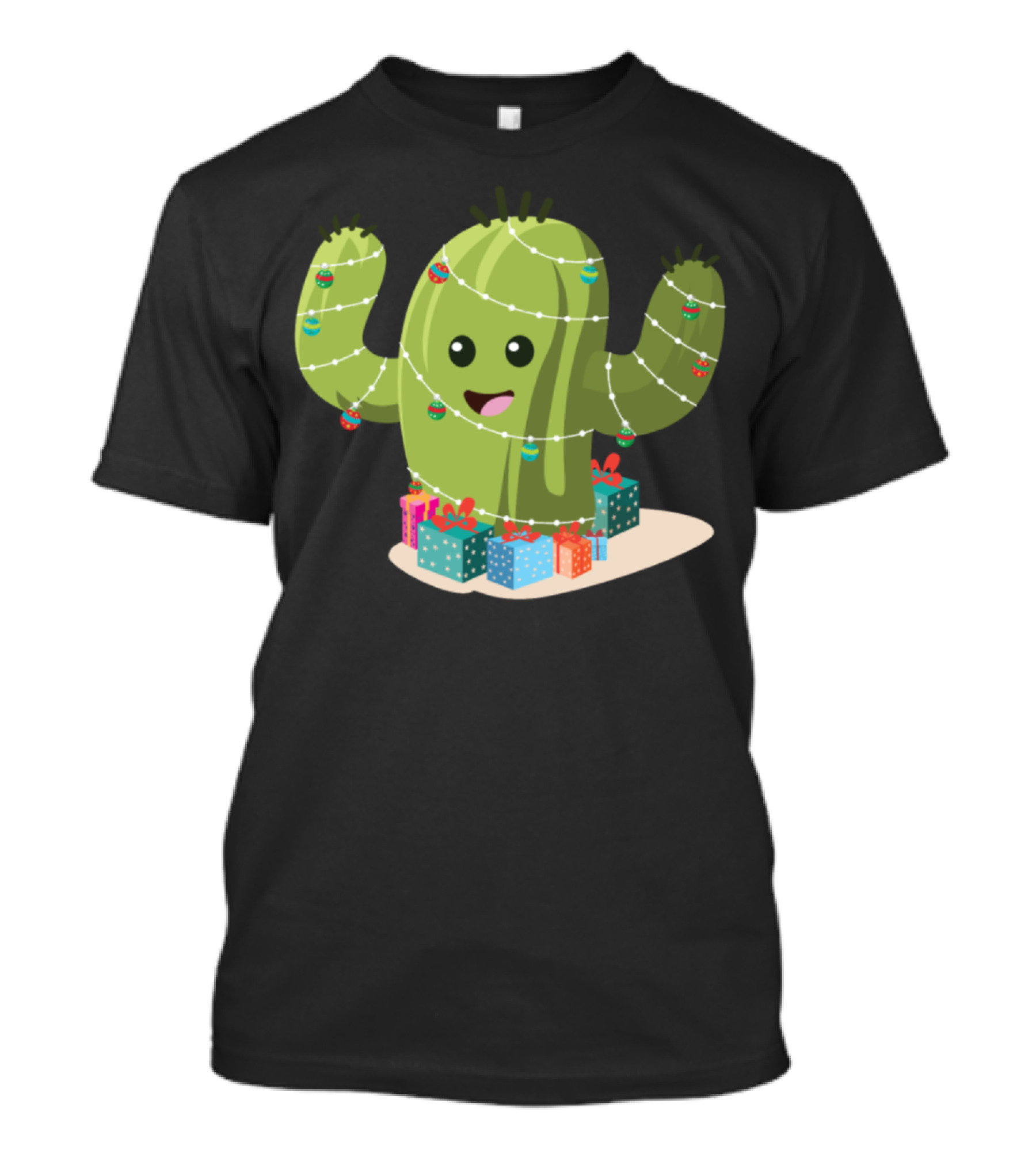 Christmas Cactus Wrapped In Lights With Ornaments And Gifts T-Shirt