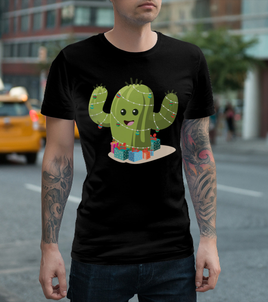 Christmas Cactus Wrapped In Lights With Ornaments And Gifts T-Shirt