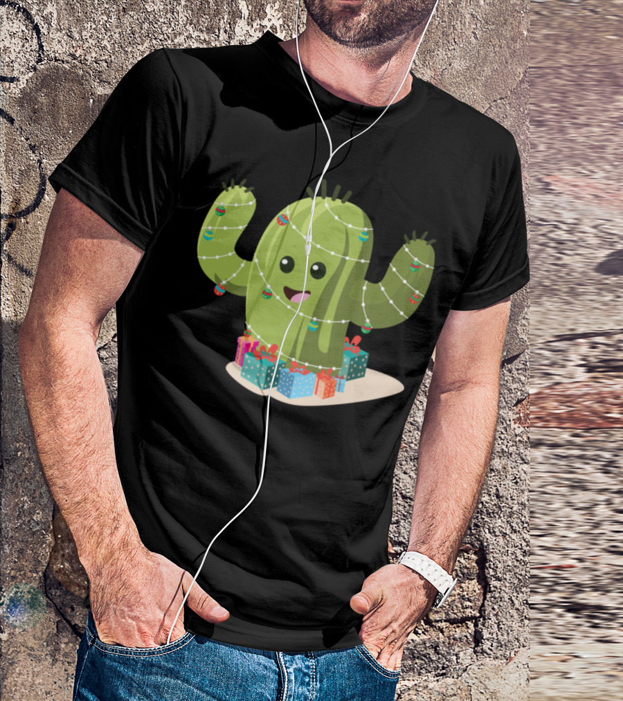 Christmas Cactus Wrapped In Lights With Ornaments And Gifts T-Shirt