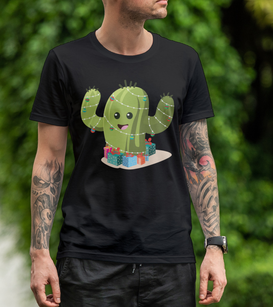 Christmas Cactus Wrapped In Lights With Ornaments And Gifts T-Shirt