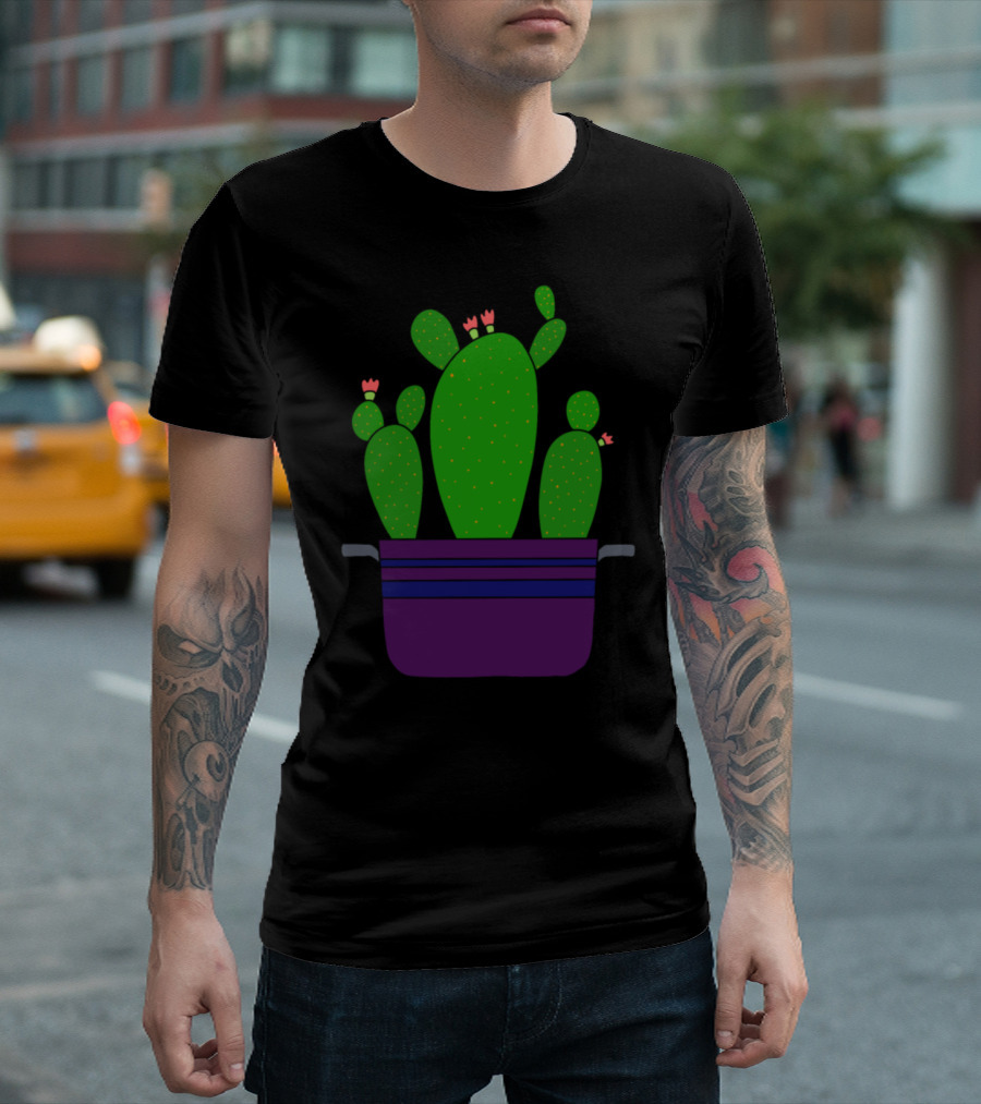 Dinnertime Flowertime Cacti In Purple Pot With Blossoms T-Shirt